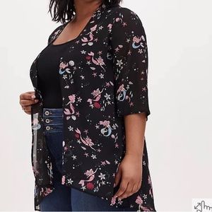 TORRID DISNEY THE LITTLE MERMAID ARIEL BLACK CHIFFON HI-LO KIMONO 3/4X